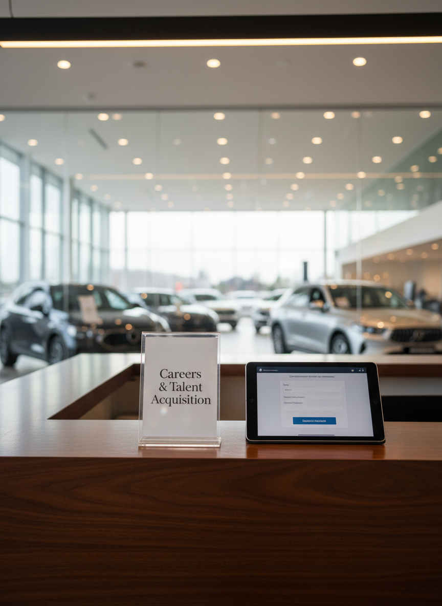 A polished reception counter in a modern automotive dealership, designed to represent a talent-matching hub: an elegant dark-wood surface with a small, upright acrylic sign that reads “Careers & Talent Acquisition” in refined typography, next to a tablet showing a clean job application form. Behind the counter, large glass panels reveal a pristine showroom floor with gleaming vehicles, artfully blurred. Warm overhead LED lighting combines with soft window light, creating balanced, inviting illumination and subtle reflections on the acrylic sign. Photographic realism with a centered, eye-level composition and moderate depth of field. The mood is welcoming yet highly professional, suggesting an organized, established environment where career opportunities are taken seriously.