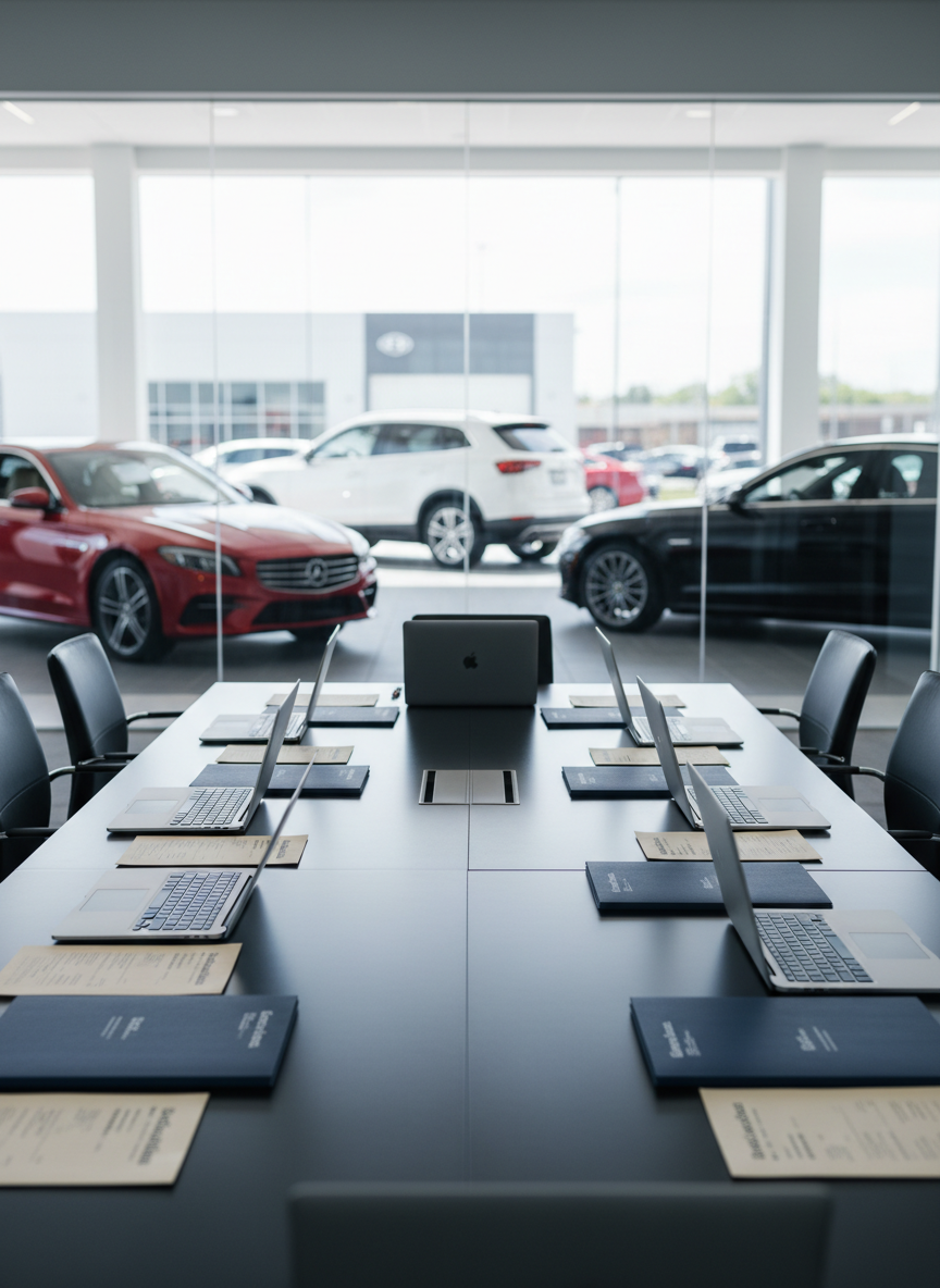A sleek, glass-walled automotive dealership conference room, with a long matte-black table neatly arranged with silver laptops, organized resumes, and branded blue folders labeled “Candidate Profiles.” Through the glass, a bright showroom of polished cars is softly out of focus, emphasizing a professional recruiting environment. Clean, cool daylight pours in from large windows, creating crisp reflections on the table surface and subtle shadows beneath each object. Photographic realism at eye level with a slightly wide angle, sharp focus on the table’s contents and gentle bokeh in the background. The mood is organized, efficient, and corporate, aligning with a modern, professional business aesthetic for a recruiting-focused website.