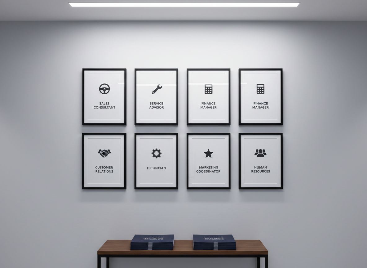 An organized wall of automotive dealership role descriptions presented as sleek, framed posters in a minimalist office hallway: each frame labeled for positions like “Sales Consultant,” “Service Advisor,” and “Finance Manager,” with icons of steering wheels, wrenches, and calculators. The frames hang on a clean, light-gray wall above a narrow console table holding neatly stacked, navy-blue career brochures. Soft, indirect ceiling lighting washes the wall, producing gentle gradients and minimal, controlled shadows. Photographic realism with a straight-on composition and sharp focus throughout, emphasizing clarity and structure. The atmosphere is orderly, aspirational, and informative, illustrating the range of career paths available in established dealerships without showing any people.