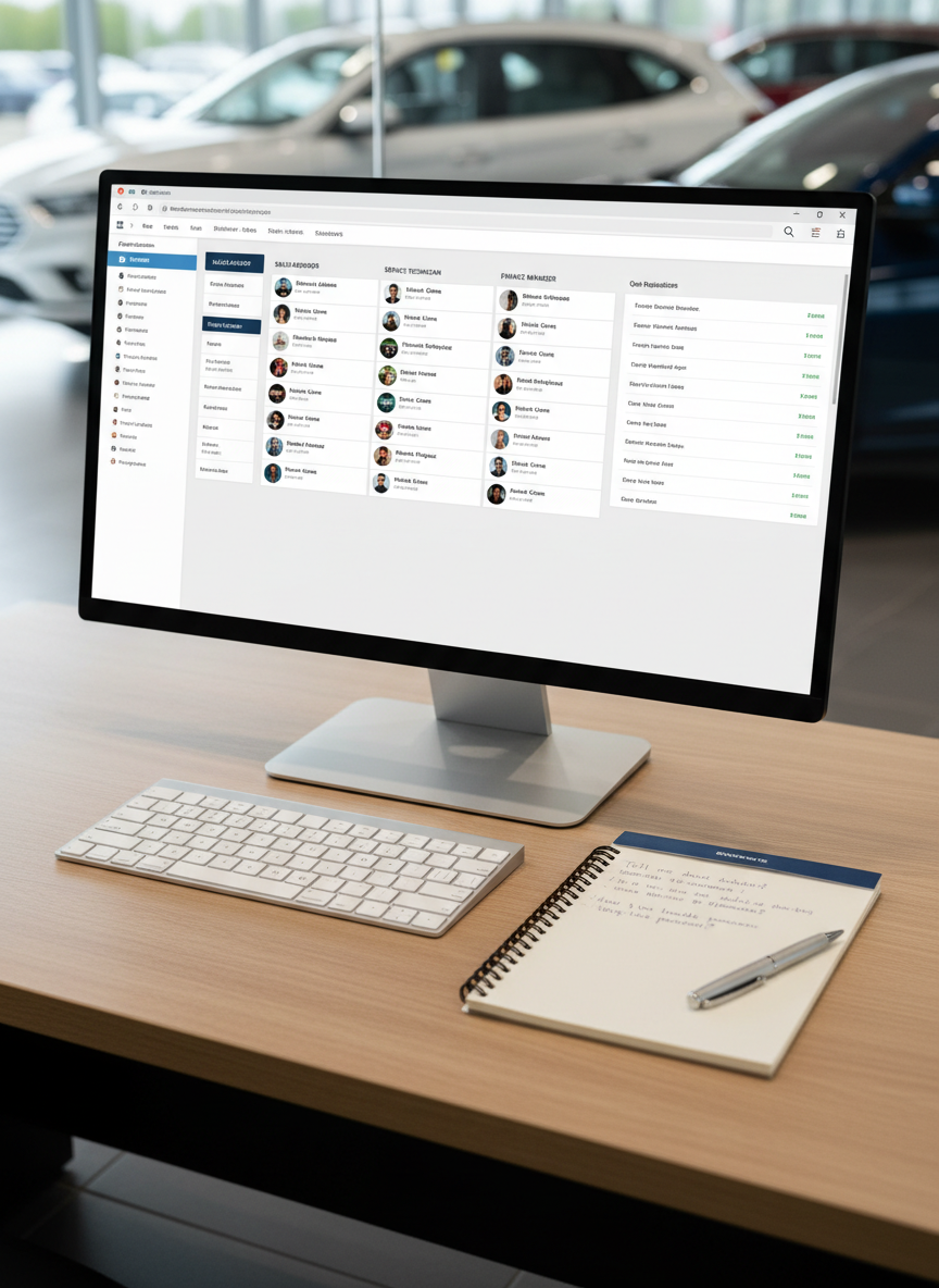 A close-up, photographic scene of a neatly arranged workstation in an automotive dealership office: a high-resolution monitor displaying a clean dashboard of candidate profiles and job listings for sales, service, and finance roles. The desk is a light oak surface with a slim wireless keyboard, a notepad with neatly written interview questions, and a silver pen aligned perfectly. Soft, diffused natural light from a nearby window casts gentle highlights along the monitor edge and a mild shadow across the desk. Background elements, such as blurred car silhouettes through interior glass, reinforce the dealership setting. Shot from a slightly elevated angle with a shallow depth of field, the atmosphere feels focused, analytical, and trustworthy, reflecting professional recruiting services.