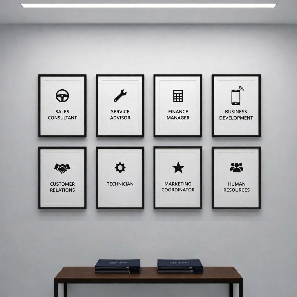 An organized wall of automotive dealership role descriptions presented as sleek, framed posters in a minimalist office hallway: each frame labeled for positions like “Sales Consultant,” “Service Advisor,” and “Finance Manager,” with icons of steering wheels, wrenches, and calculators. The frames hang on a clean, light-gray wall above a narrow console table holding neatly stacked, navy-blue career brochures. Soft, indirect ceiling lighting washes the wall, producing gentle gradients and minimal, controlled shadows. Photographic realism with a straight-on composition and sharp focus throughout, emphasizing clarity and structure. The atmosphere is orderly, aspirational, and informative, illustrating the range of career paths available in established dealerships without showing any people.